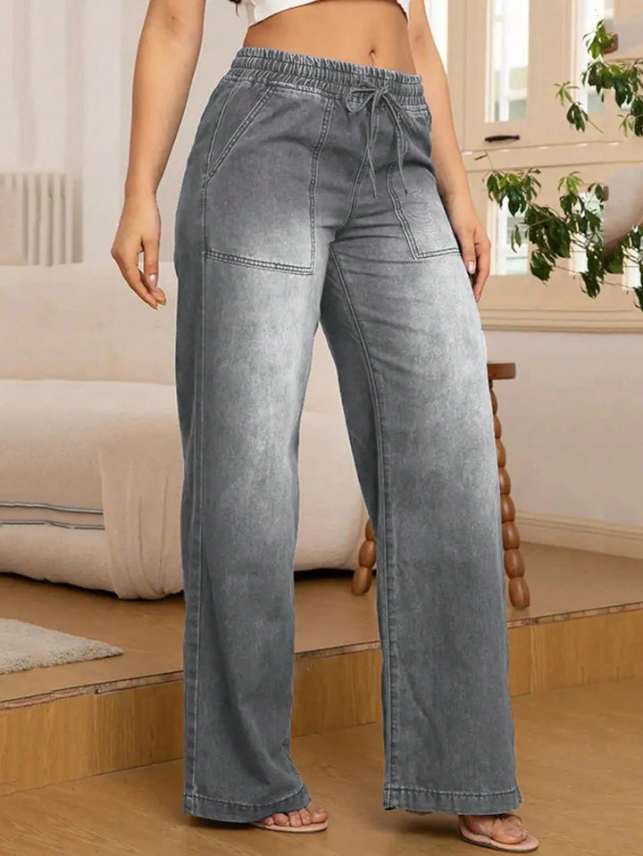 Women's Wide Leg Jeans with Drawstring Waist in Grey