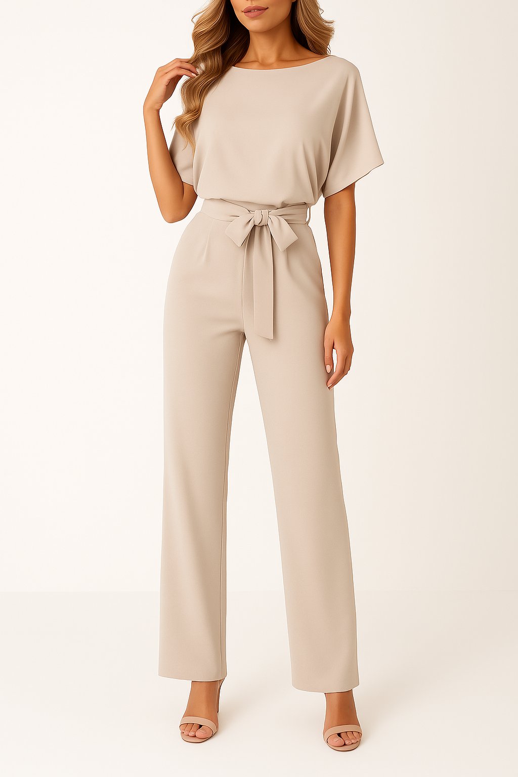 Women's Wide-Leg Jumpsuit with Tie Waist in Beige