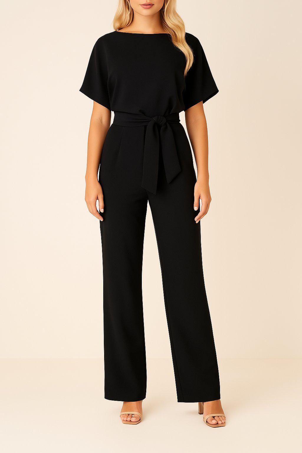 Women's Wide-Leg Jumpsuit with Tie Waist in Black