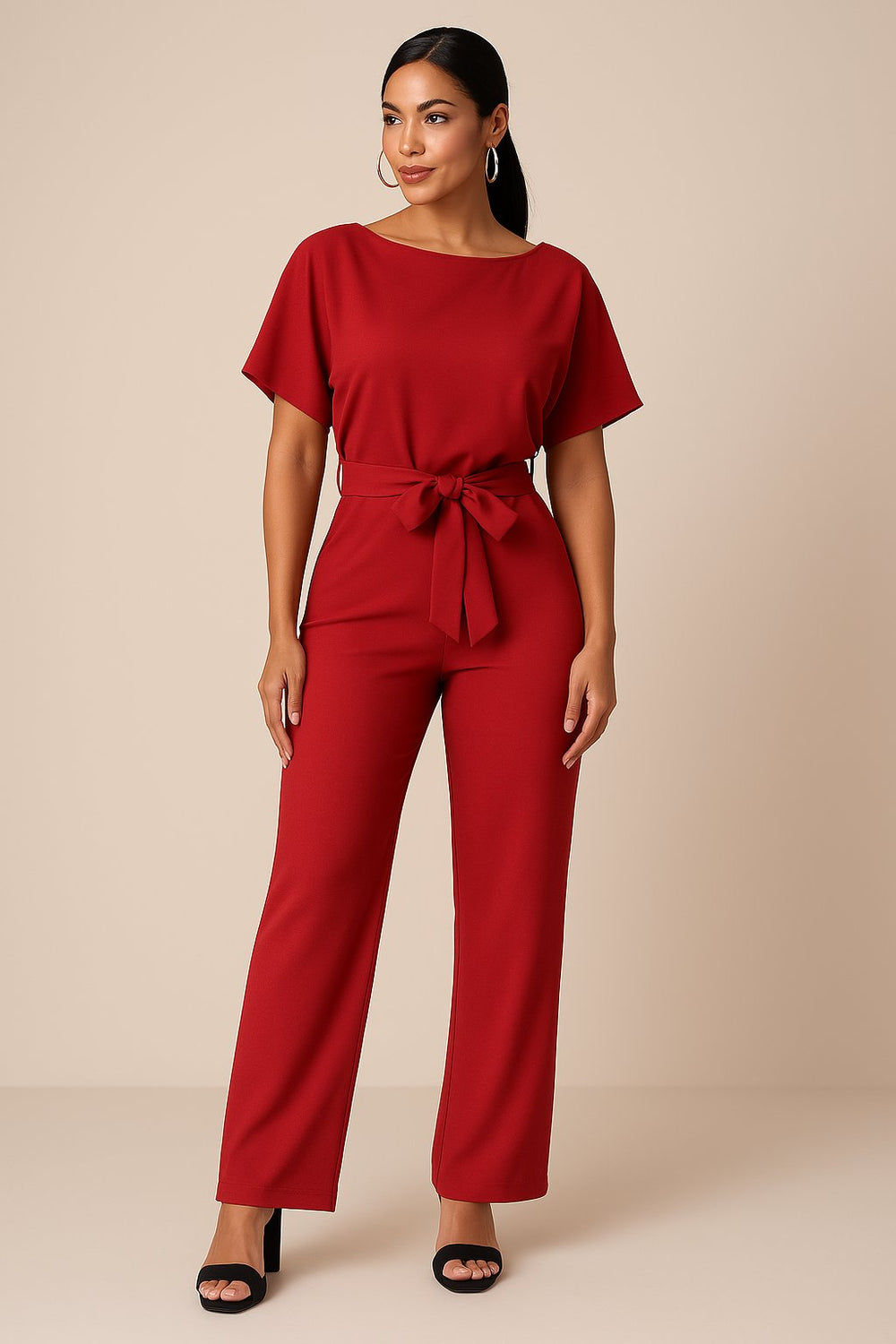 Women's Wide-Leg Jumpsuit with Tie Waist in Red