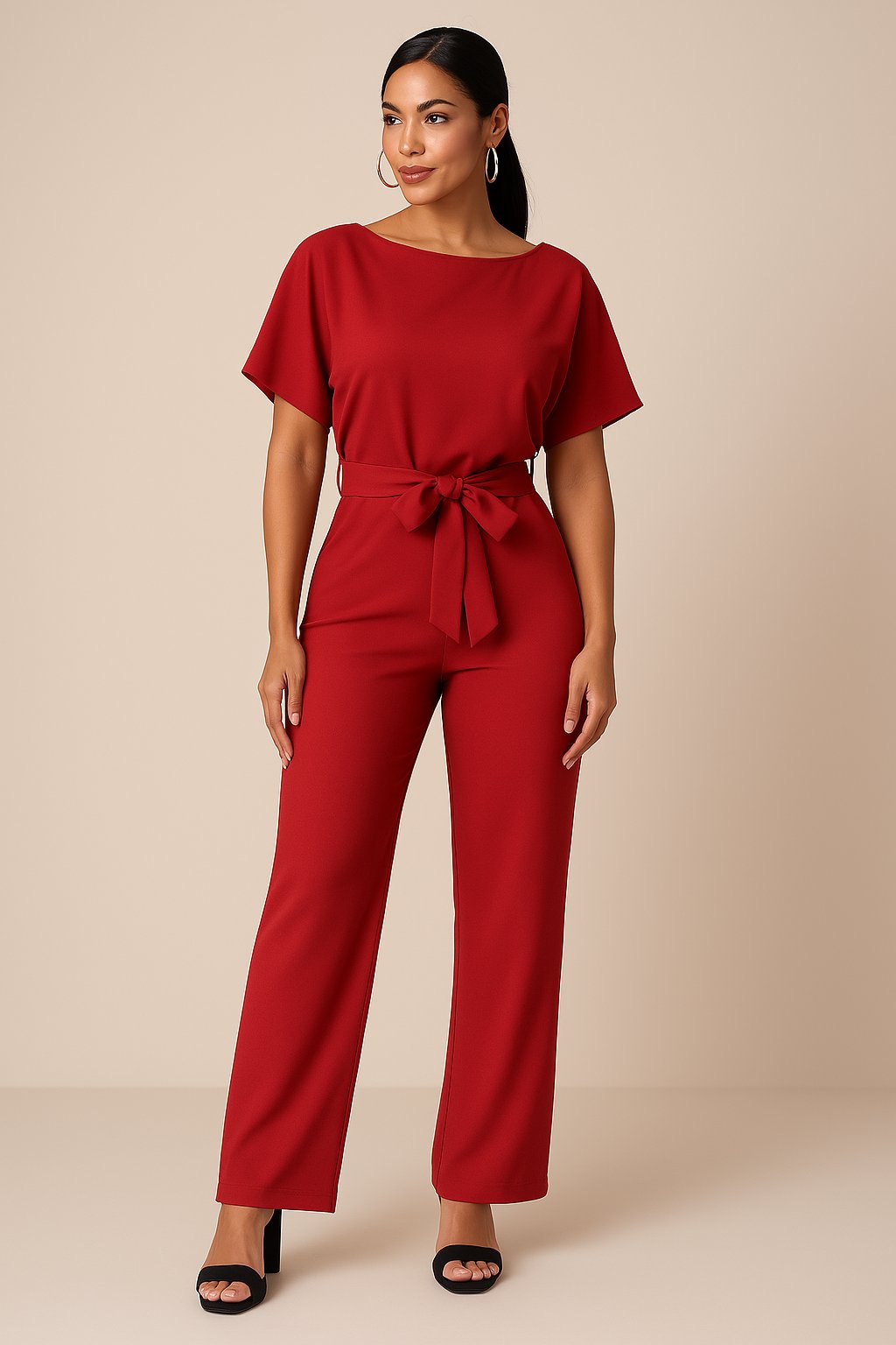 Women's Wide-Leg Jumpsuit with Tie Waist in Red