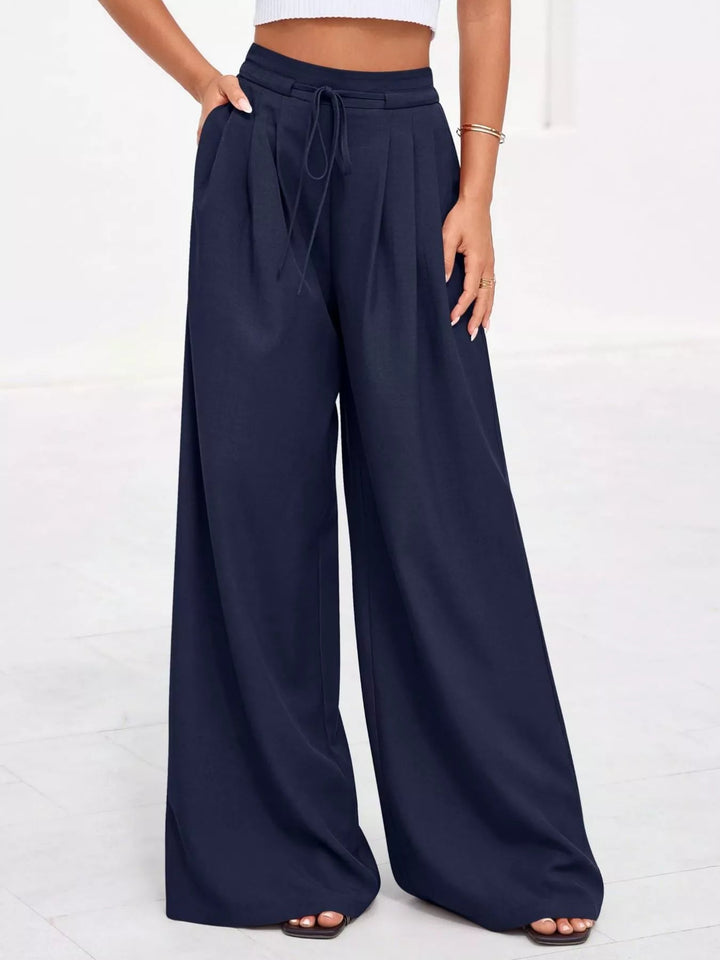 Women's Wide Leg Pants with Front Pleats in Dark Blue