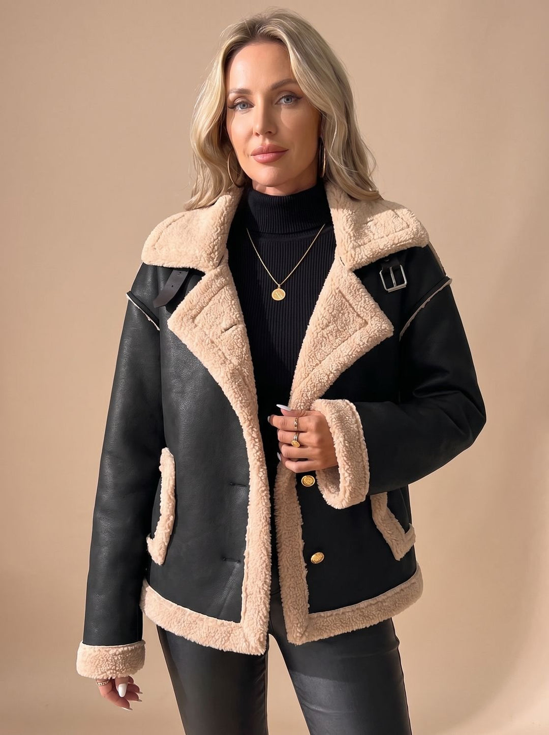 Women's Winter Aviator Coat with Sherpa Lining in Black