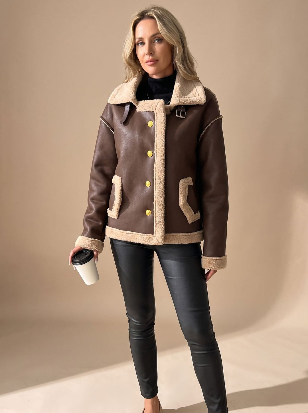 Women's Winter Aviator Coat with Sherpa Lining in Brown