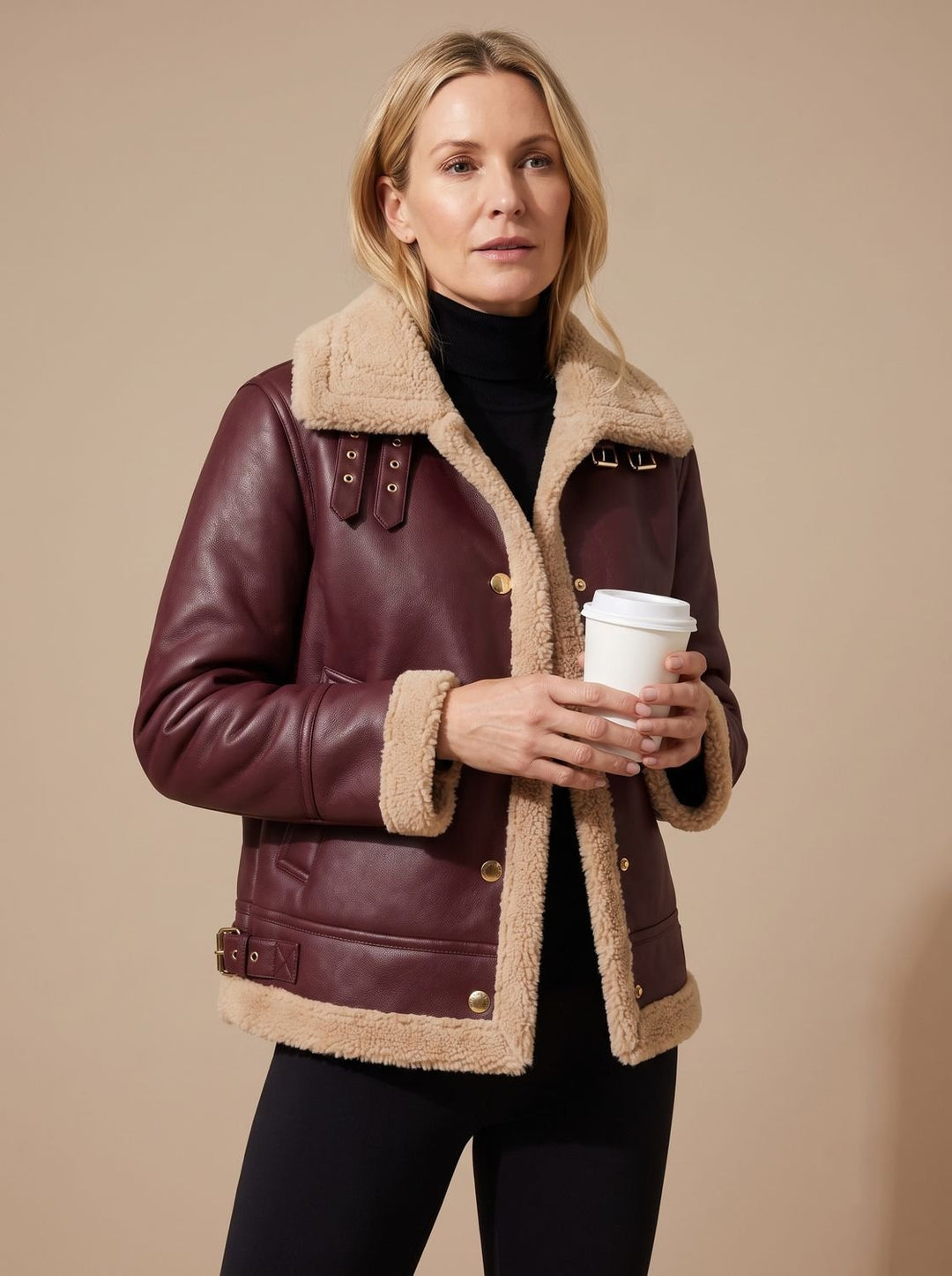 Women's Winter Aviator Coat with Sherpa Lining in Red