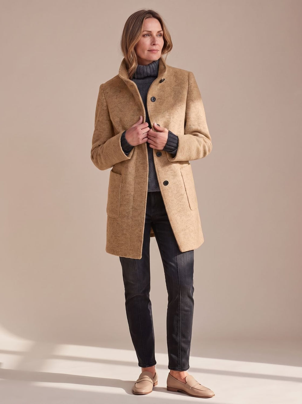 Women's Winter Coat Classic Structured Button-Front in Brown