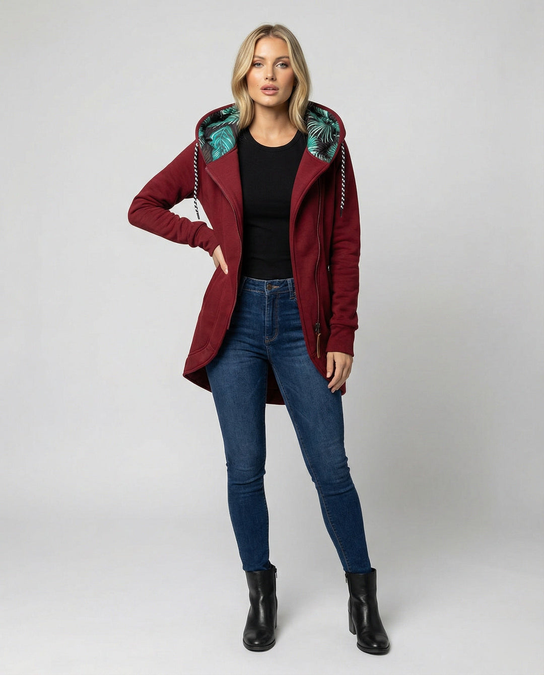 Women's Winter Coat with Feminine Silhouette in Wine