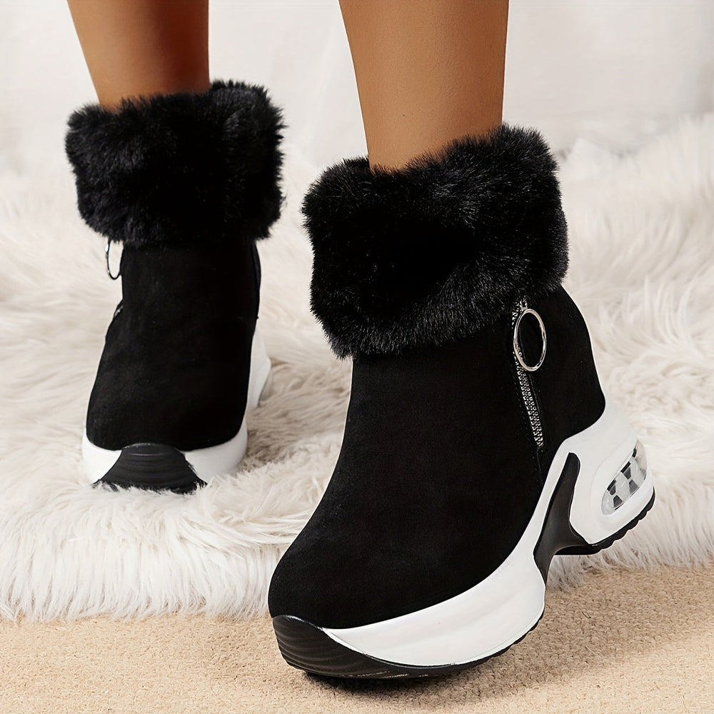 Women's Winter Faux Fur Platform Ankle Boots in Black