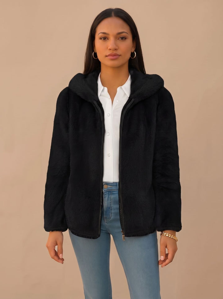 Women's Winter Faux Fur Teddy Trench Coat in Black