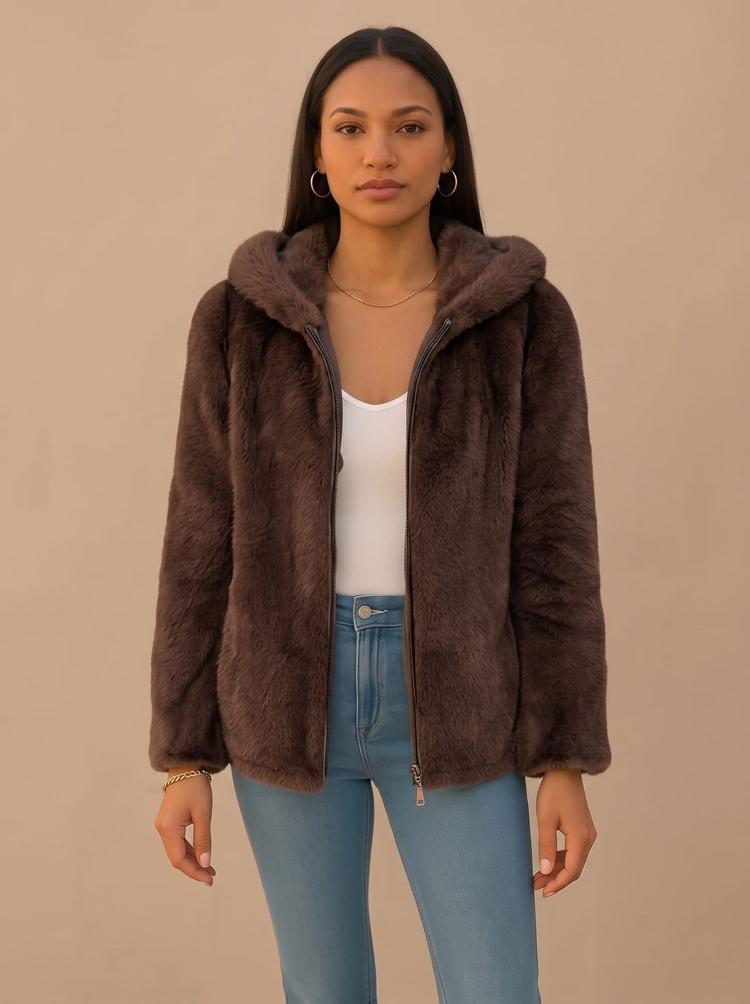 Women's Winter Faux Fur Teddy Trench Coat in Brown