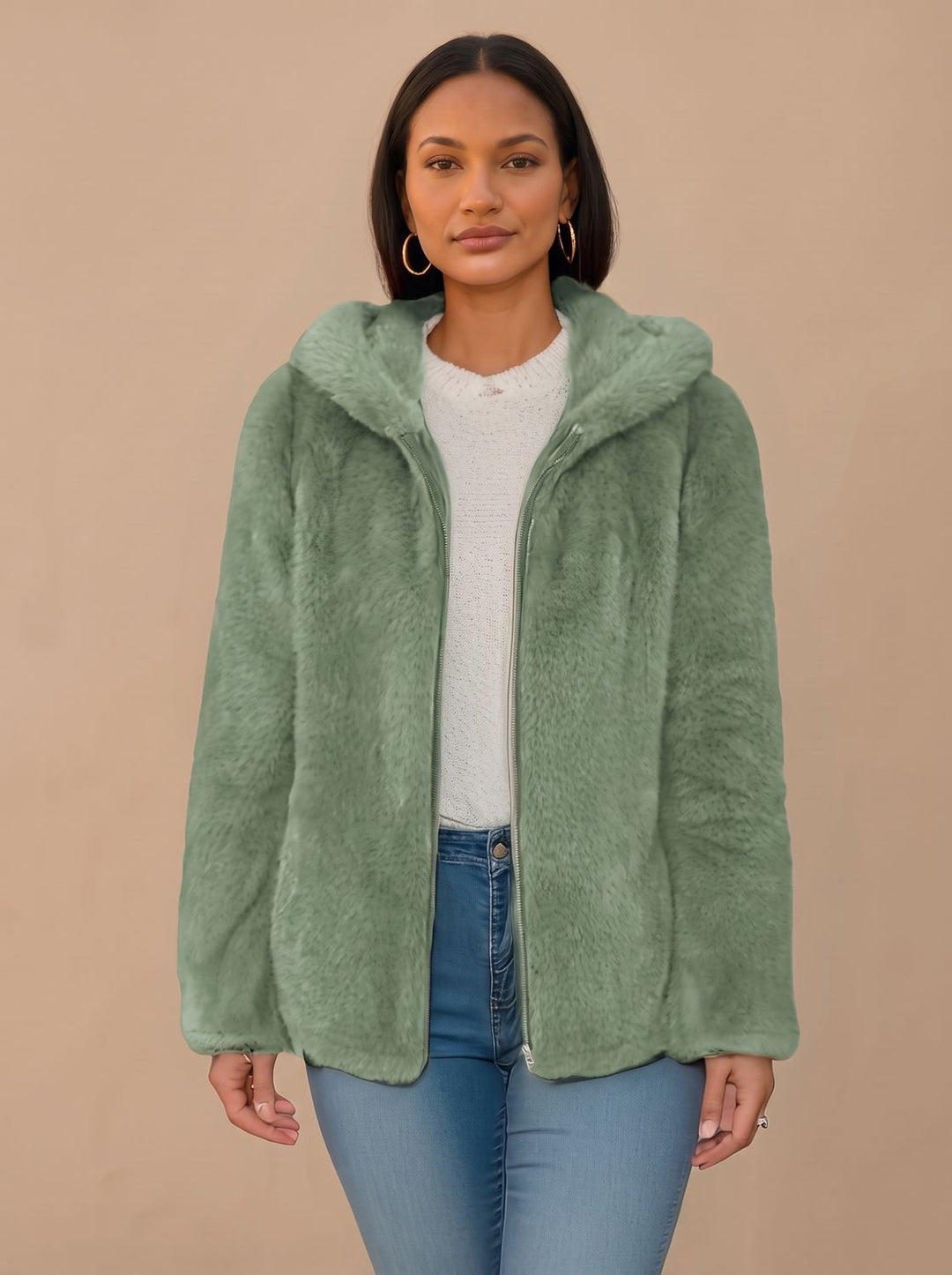 Women's Winter Faux Fur Teddy Trench Coat in Green