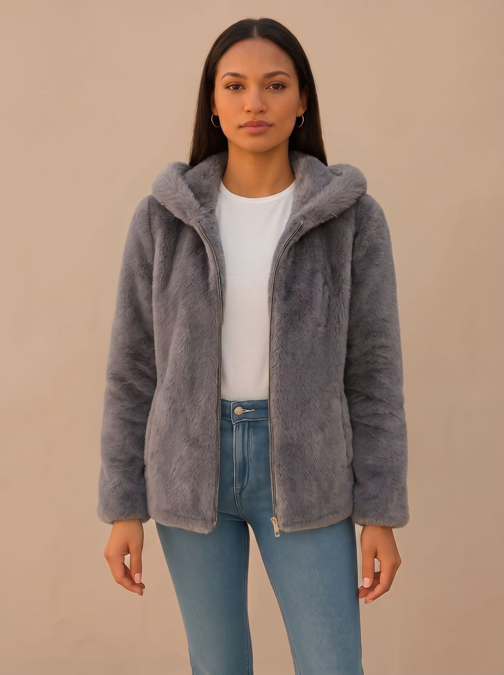 Women's Winter Faux Fur Teddy Trench Coat in Grey
