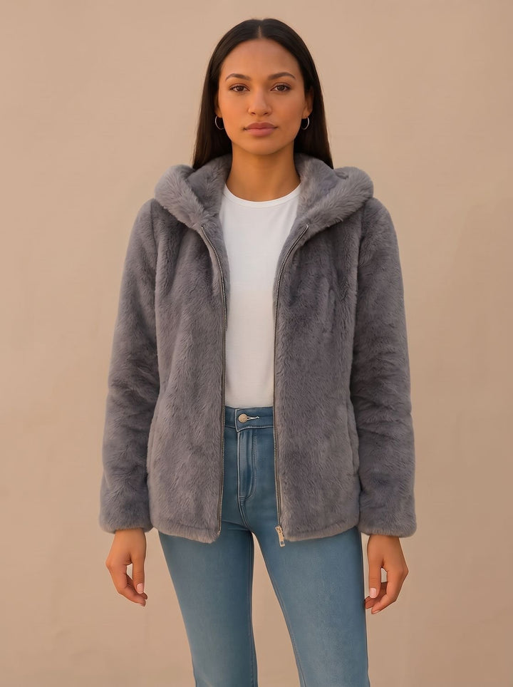 Women's Winter Faux Fur Teddy Trench Coat in Grey