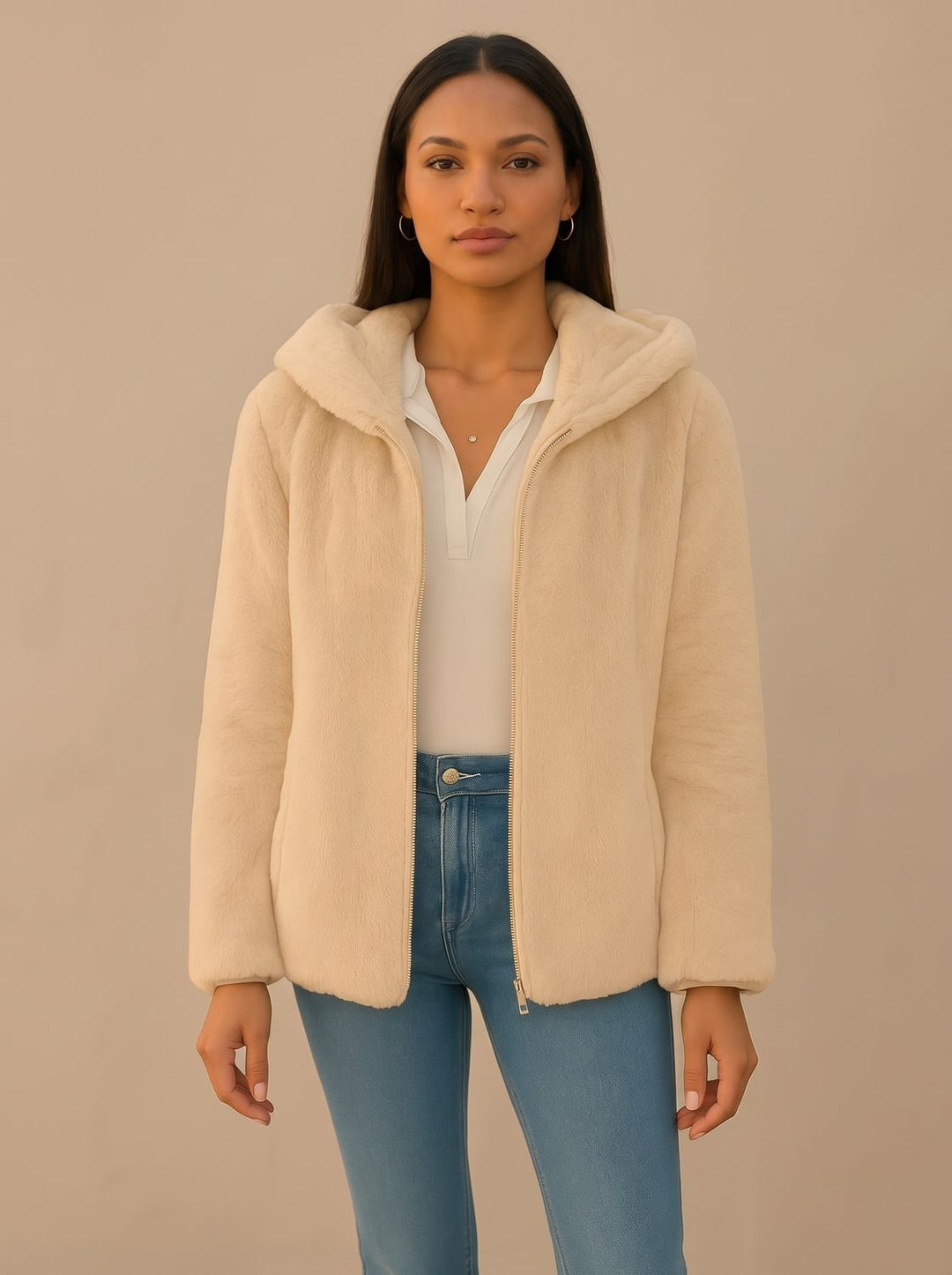 Women's Winter Faux Fur Teddy Trench Coat in Light Brown