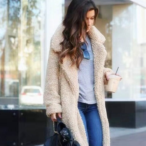 Women's Winter Fleece Teddy Trench Coat in Apricot