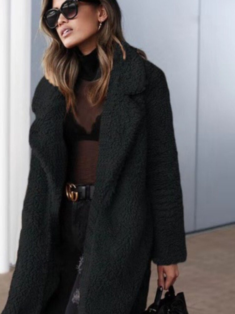 Women's Winter Fleece Teddy Trench Coat in Black
