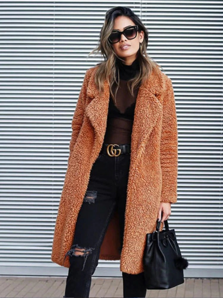 Women's Winter Fleece Teddy Trench Coat in Chocolate
