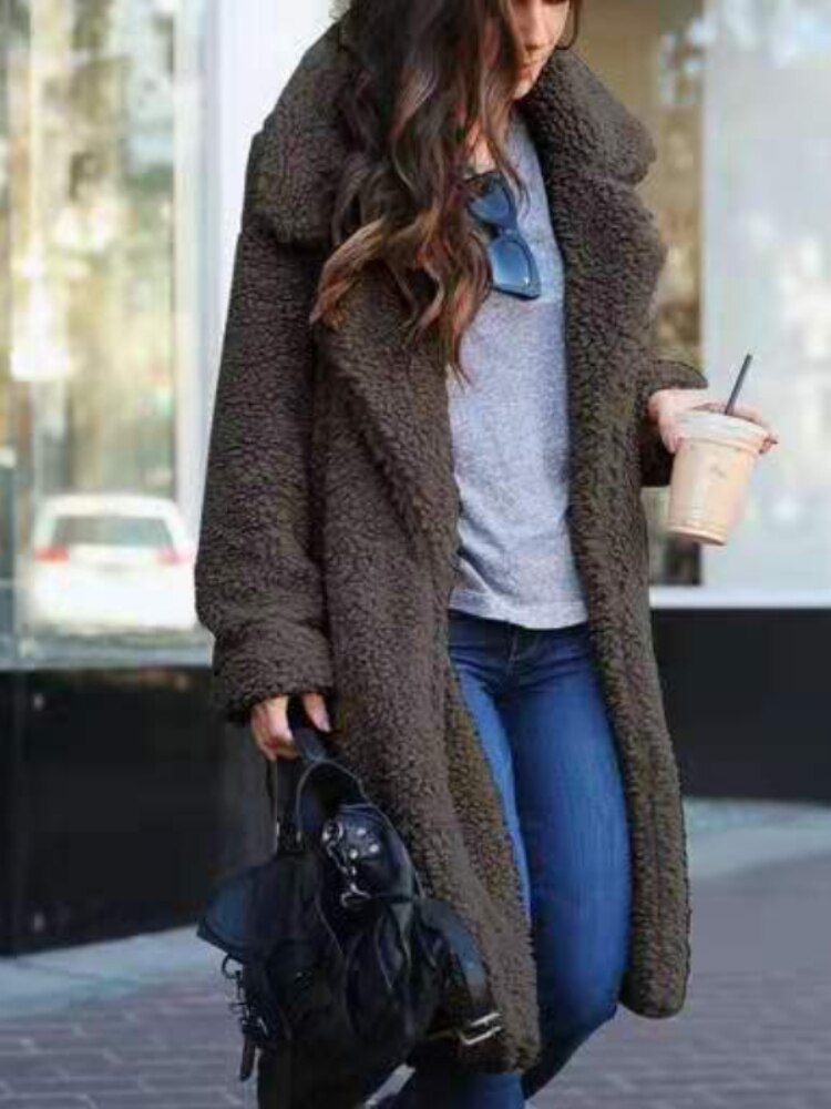 Women's Winter Fleece Teddy Trench Coat in Dark Grey