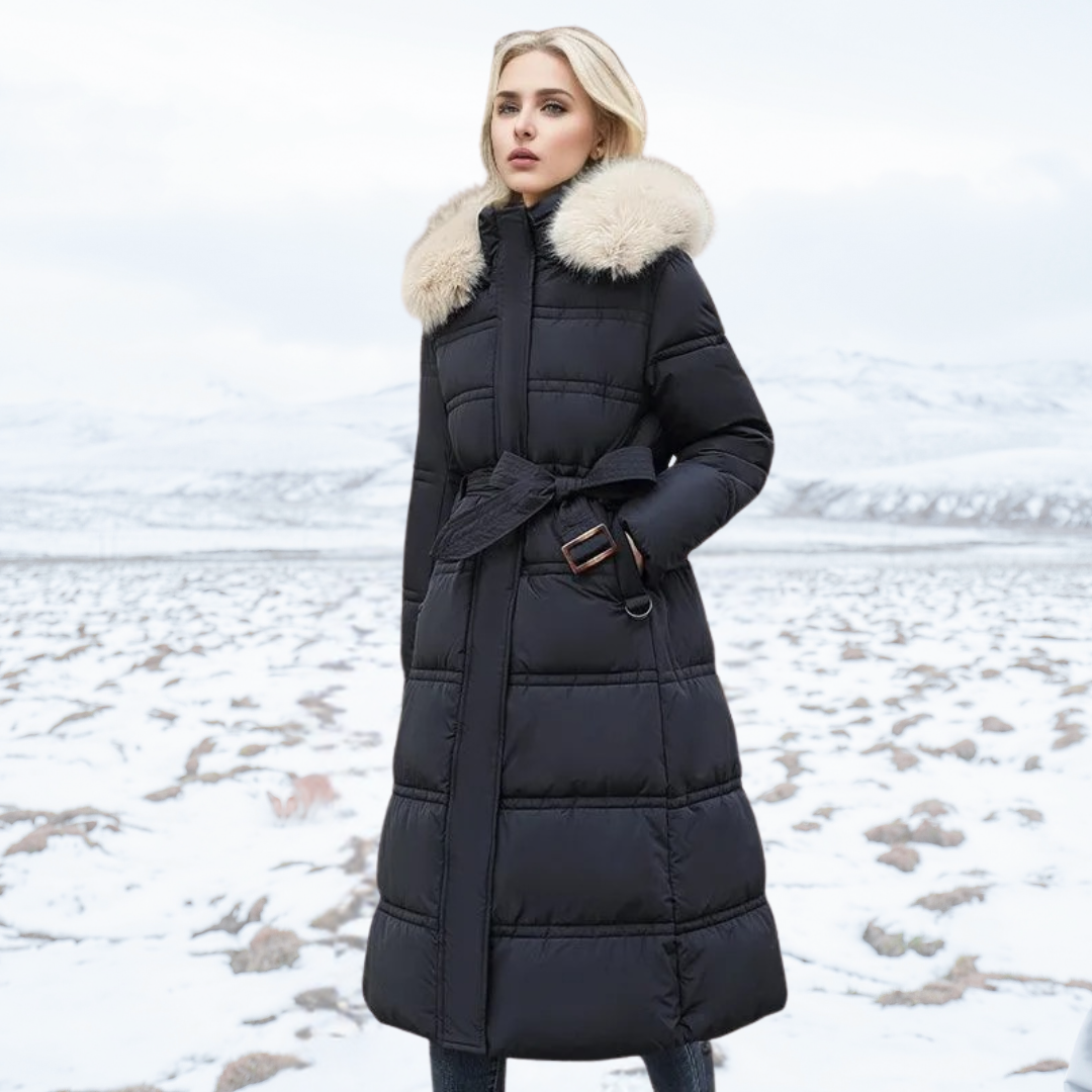 Women's Winter Jacket Long-Line Puffer in Black With Beige Collar Lining