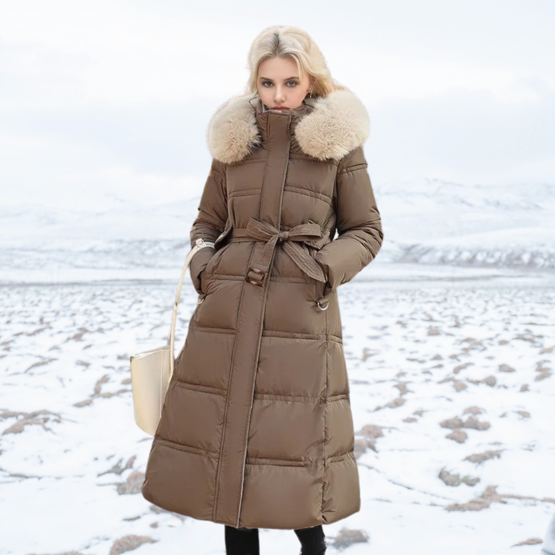 Women's Winter Jacket Long-Line Puffer in Coffee