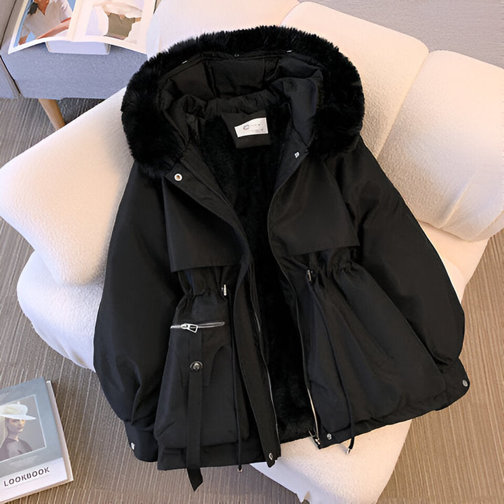 Women's Winter Jacket with Drawstring Waist in Black
