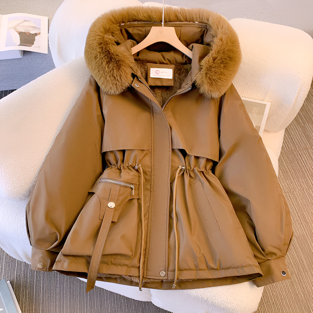 Women's Winter Jacket with Drawstring Waist in Coffee