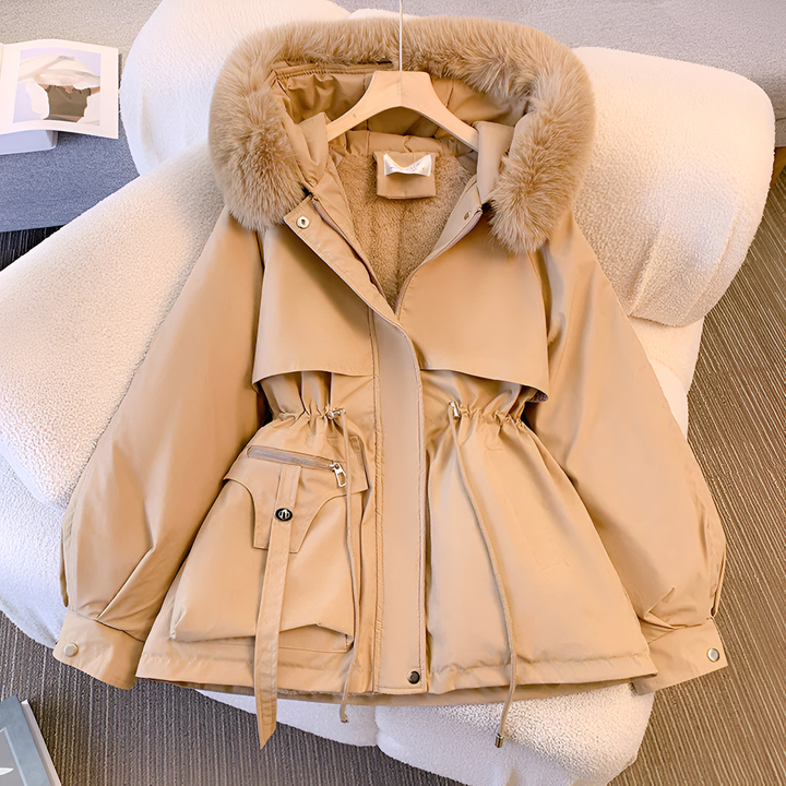 Women's Winter Jacket with Drawstring Waist in Khaki