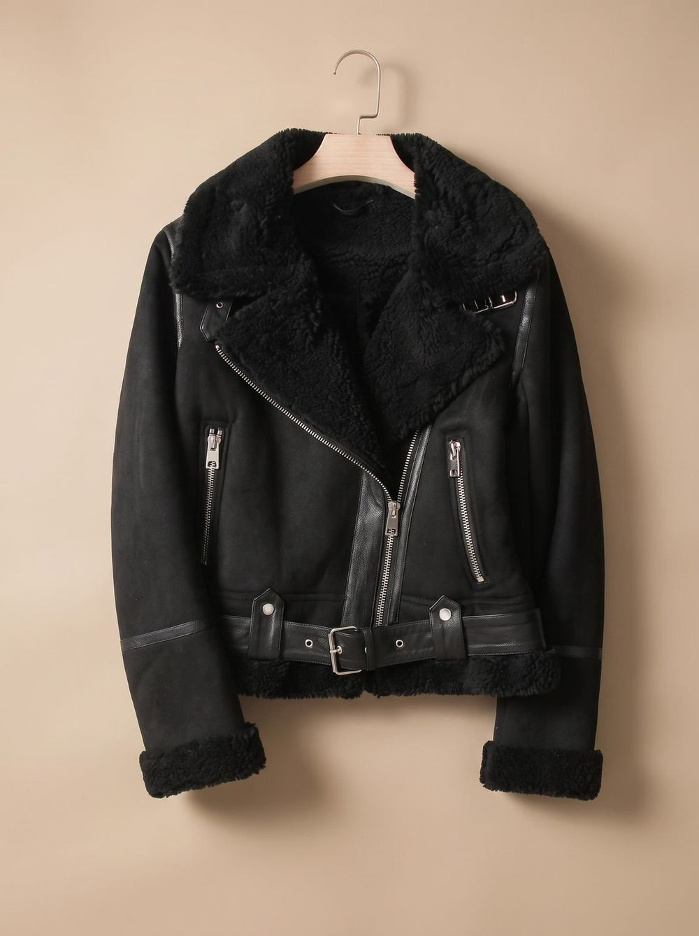 Women's Winter Moto Coat with Shearling in Black