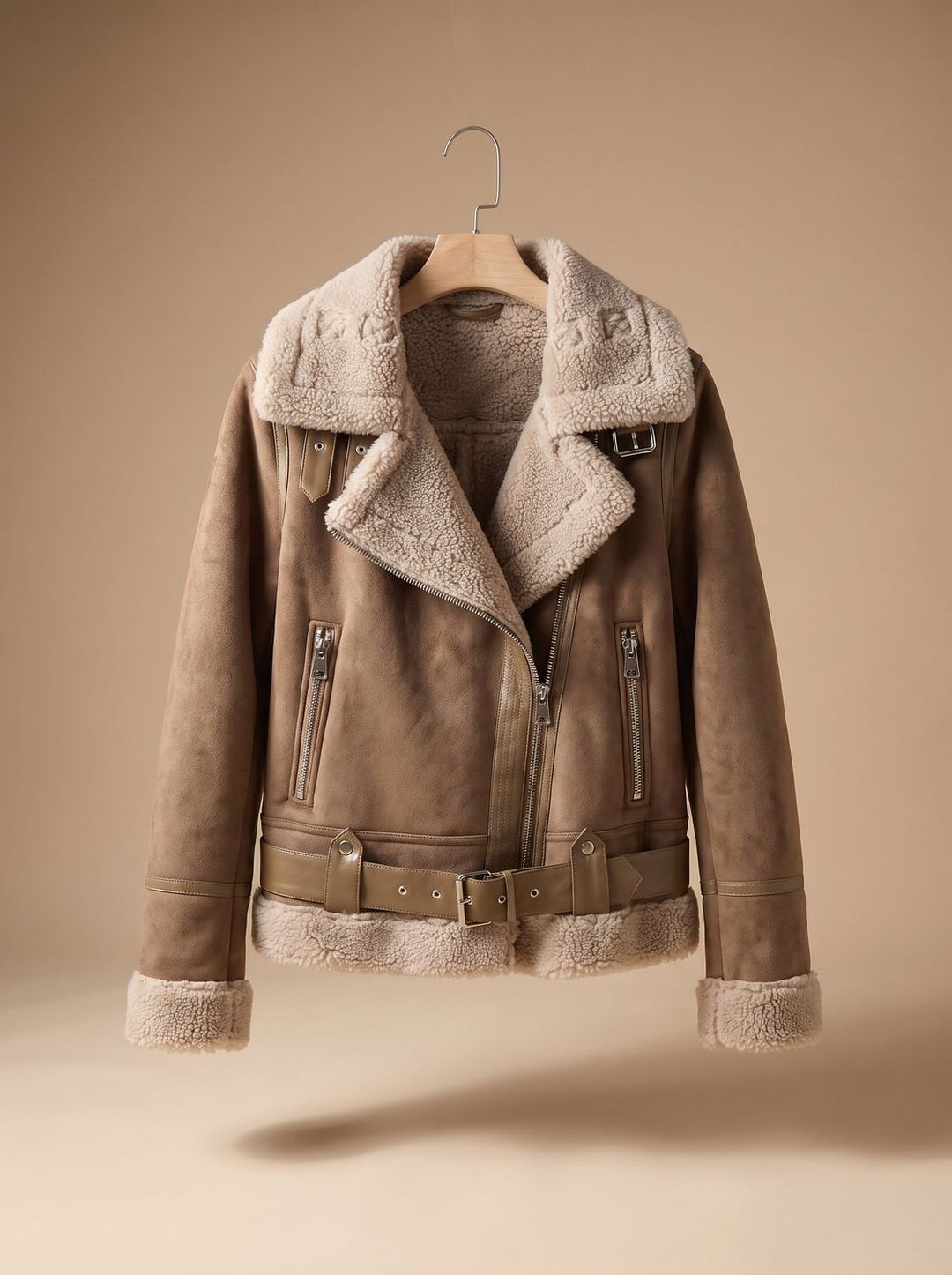 Women's Winter Moto Coat with Shearling in Brown 1