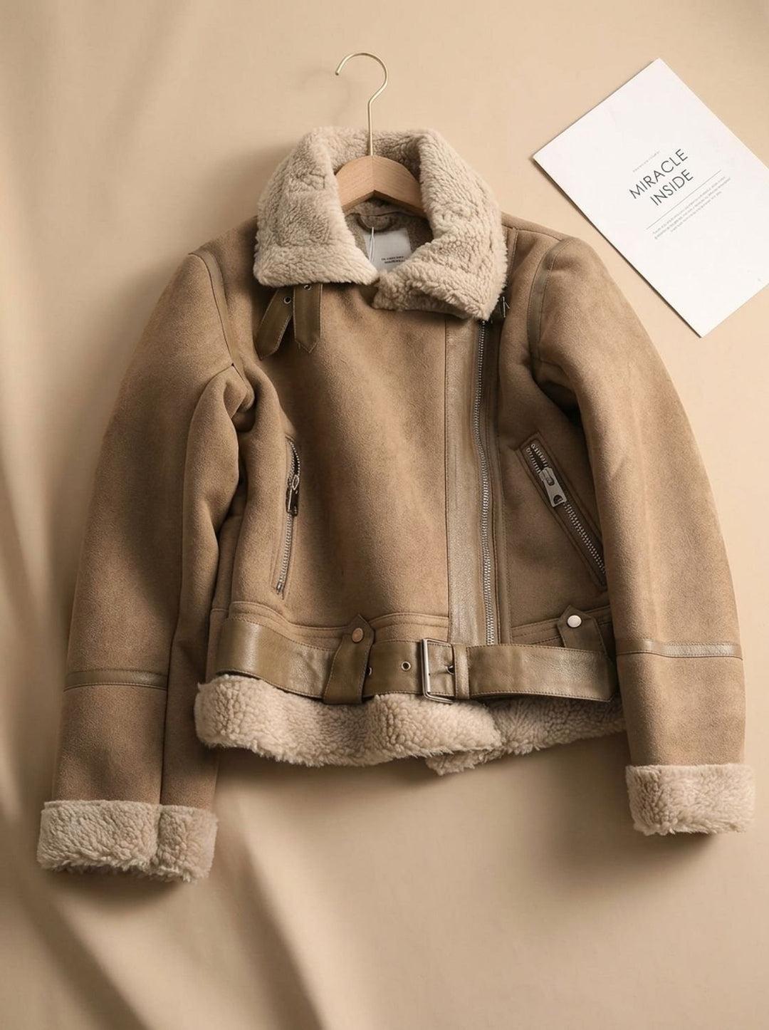 Women's Winter Moto Coat with Shearling in Brown 3