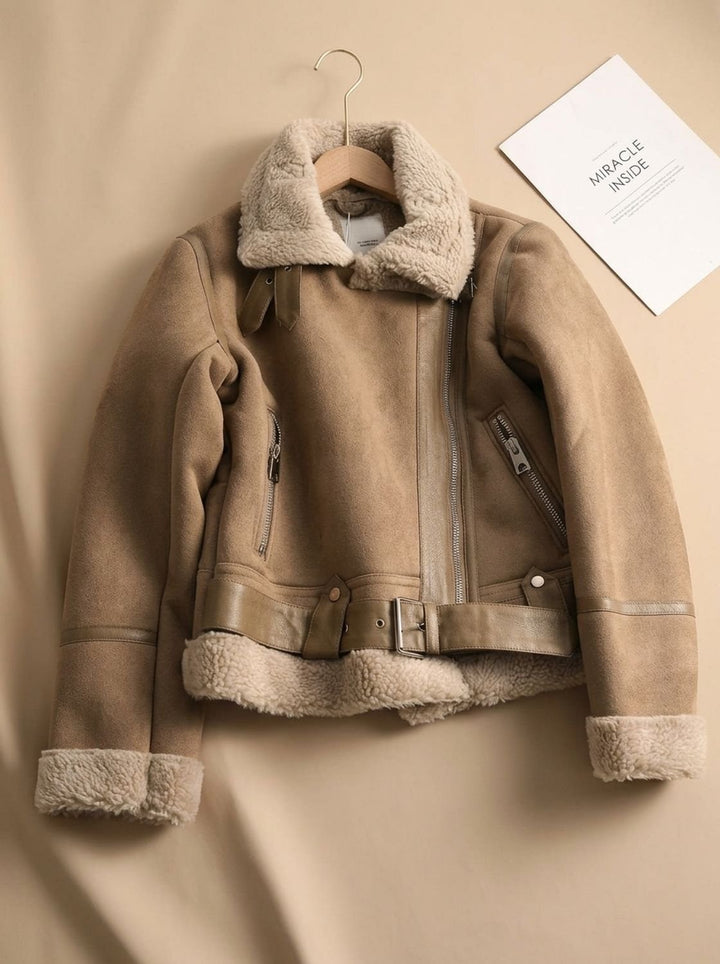 Women's Winter Moto Coat with Shearling in Brown 3