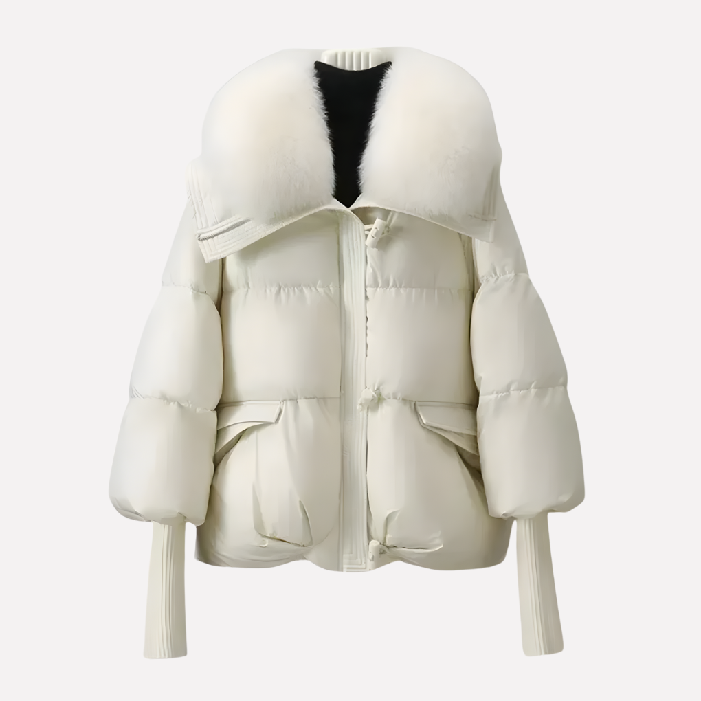 Women's Winter Puffer Coat with Faux Fur Collar in Beige