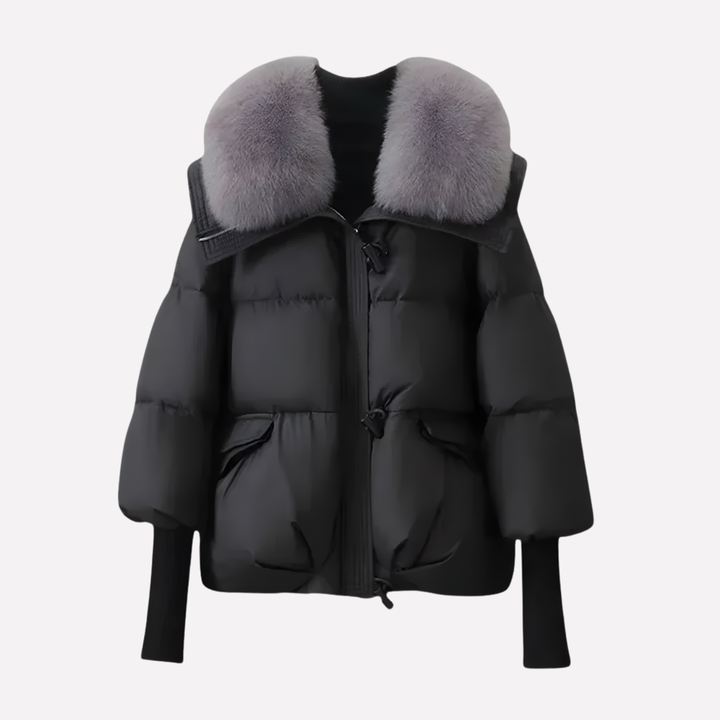 Women's Winter Puffer Coat with Faux Fur Collar in Black