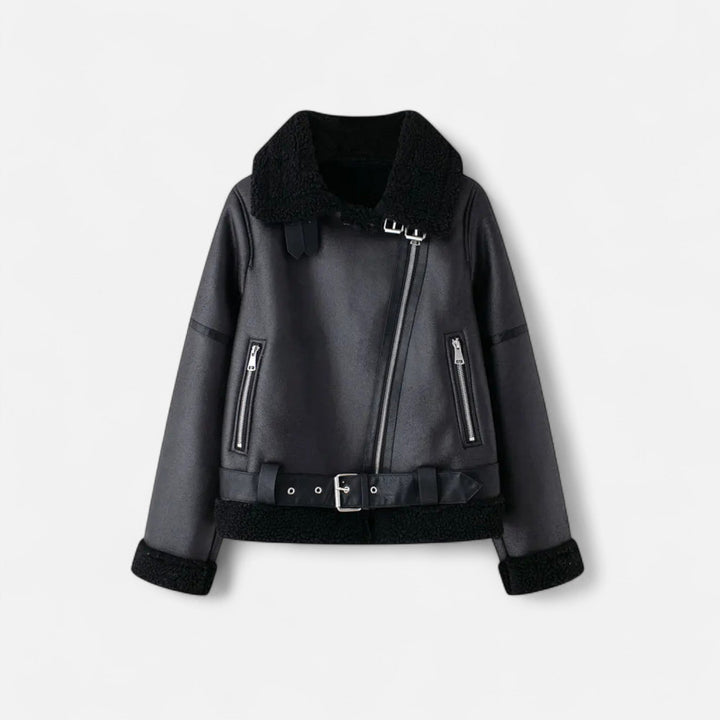 Women's Winter Structured Belted Leather Jacket in Black