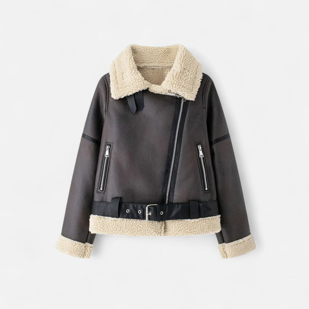 Women's Winter Structured Belted Leather Jacket in Brown