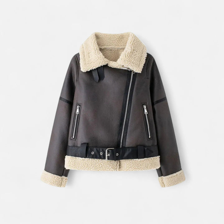 Women's Winter Structured Belted Leather Jacket in Brown