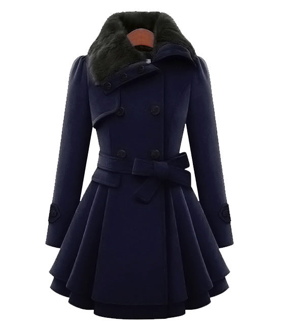 Women's Winter Trench Jacket with Faux Fur in Dark Blue
