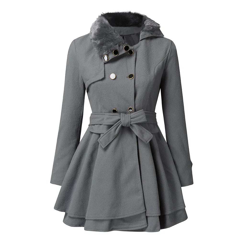 Women's Winter Trench Jacket with Faux Fur in Grey