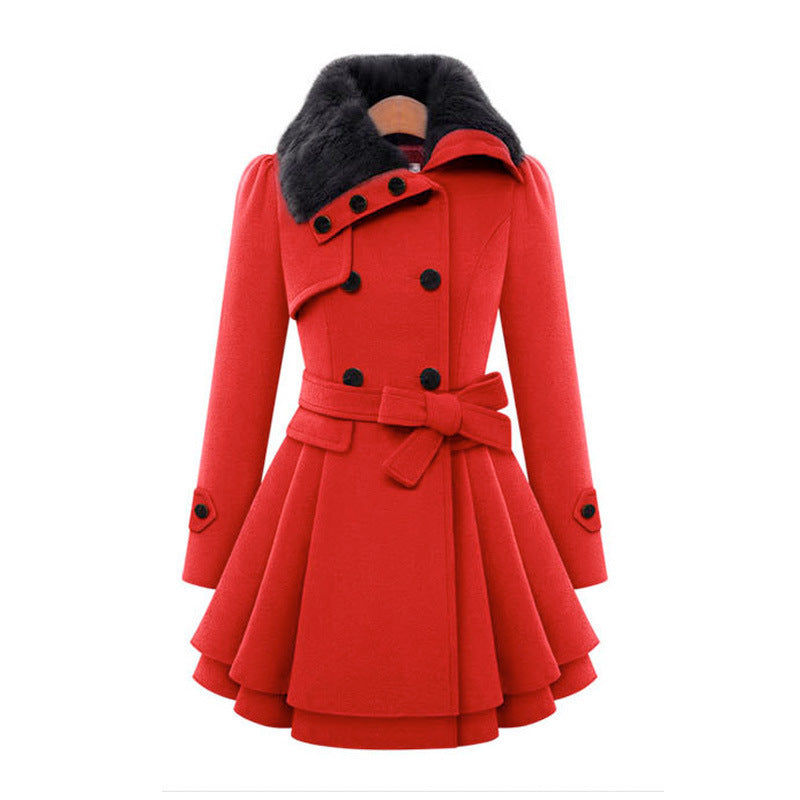 Women's Winter Trench Jacket with Faux Fur in Red