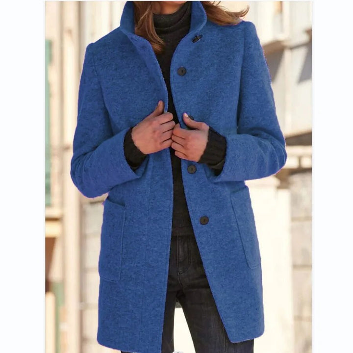Women's Wool Trench Coat for Autumn in Dark Blue