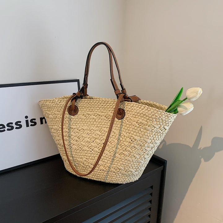 Women's Woven Straw Tote Bag for Beach and Summer Travel in Beige