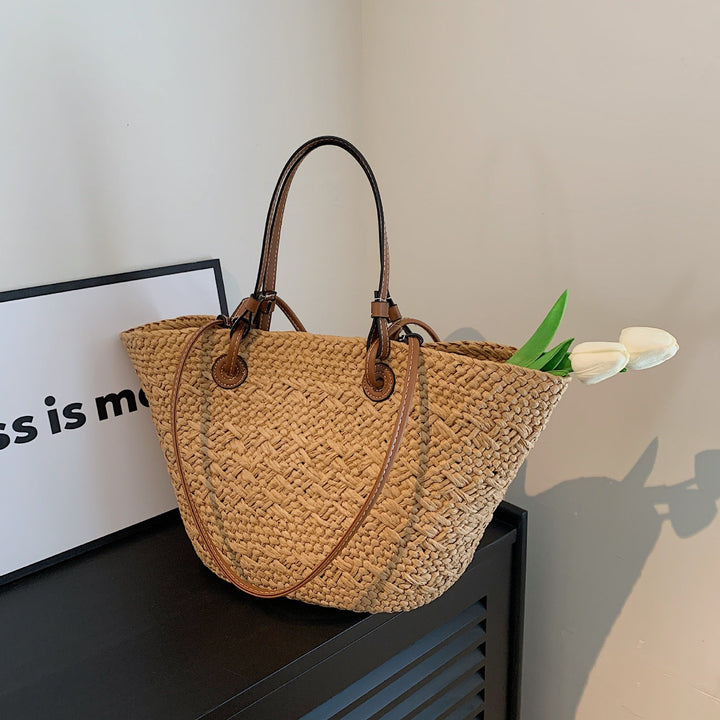Women's Woven Straw Tote Bag for Beach and Summer Travel in Brown