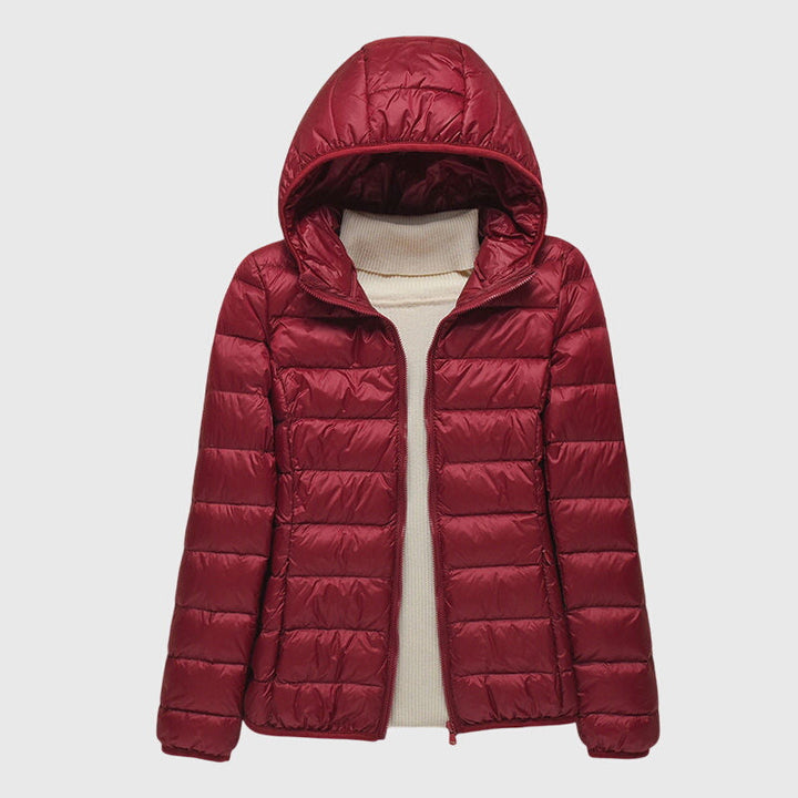 Women's Wrap-Front Quilted Puffer Jacket in Burgundy