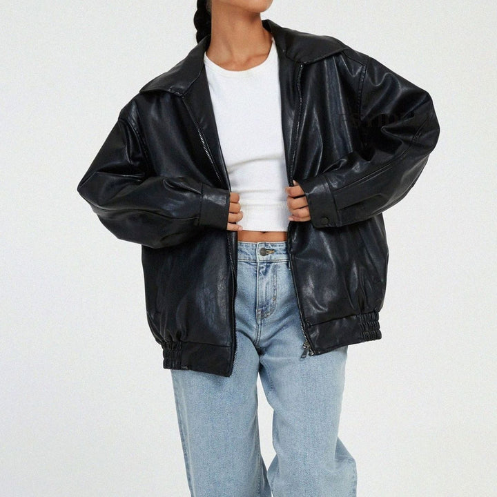 Zip-Up Leather Jacket with Relaxed Oversized Fit