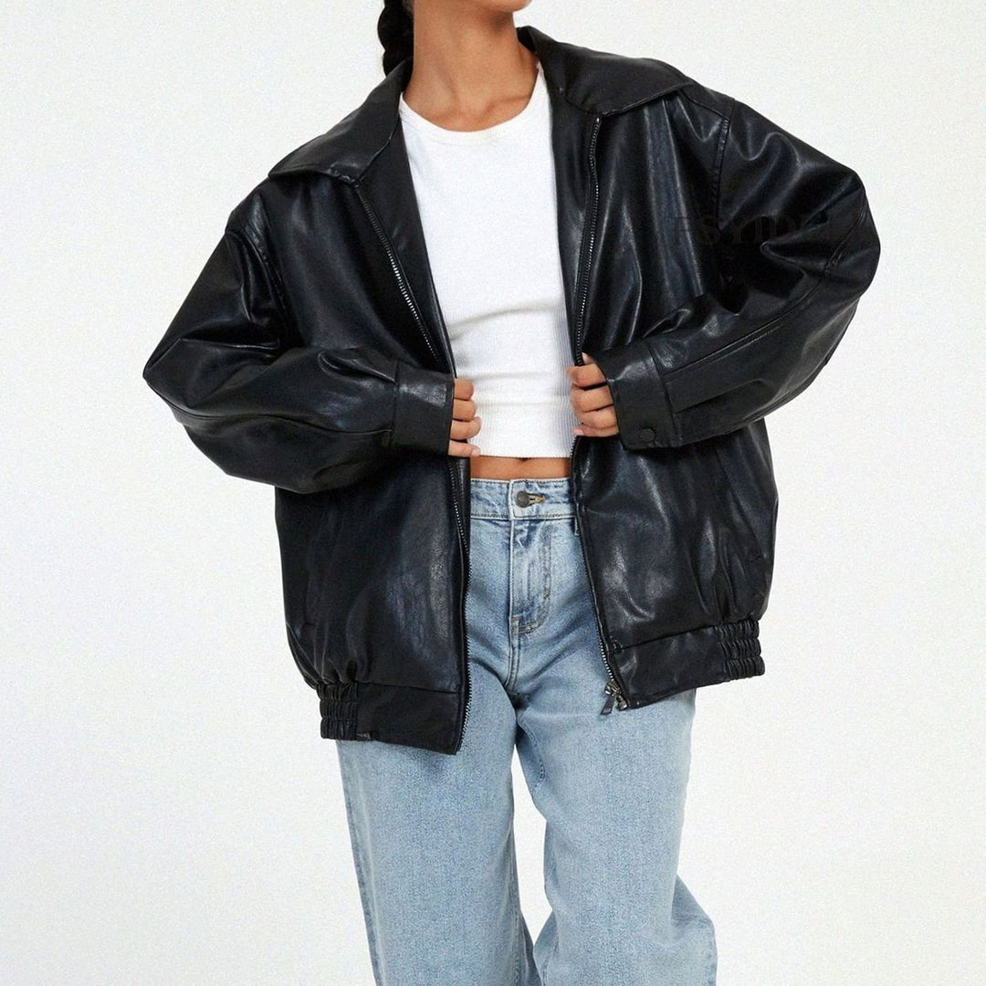 Zip-Up Leather Jacket with Relaxed Oversized Fit in Black