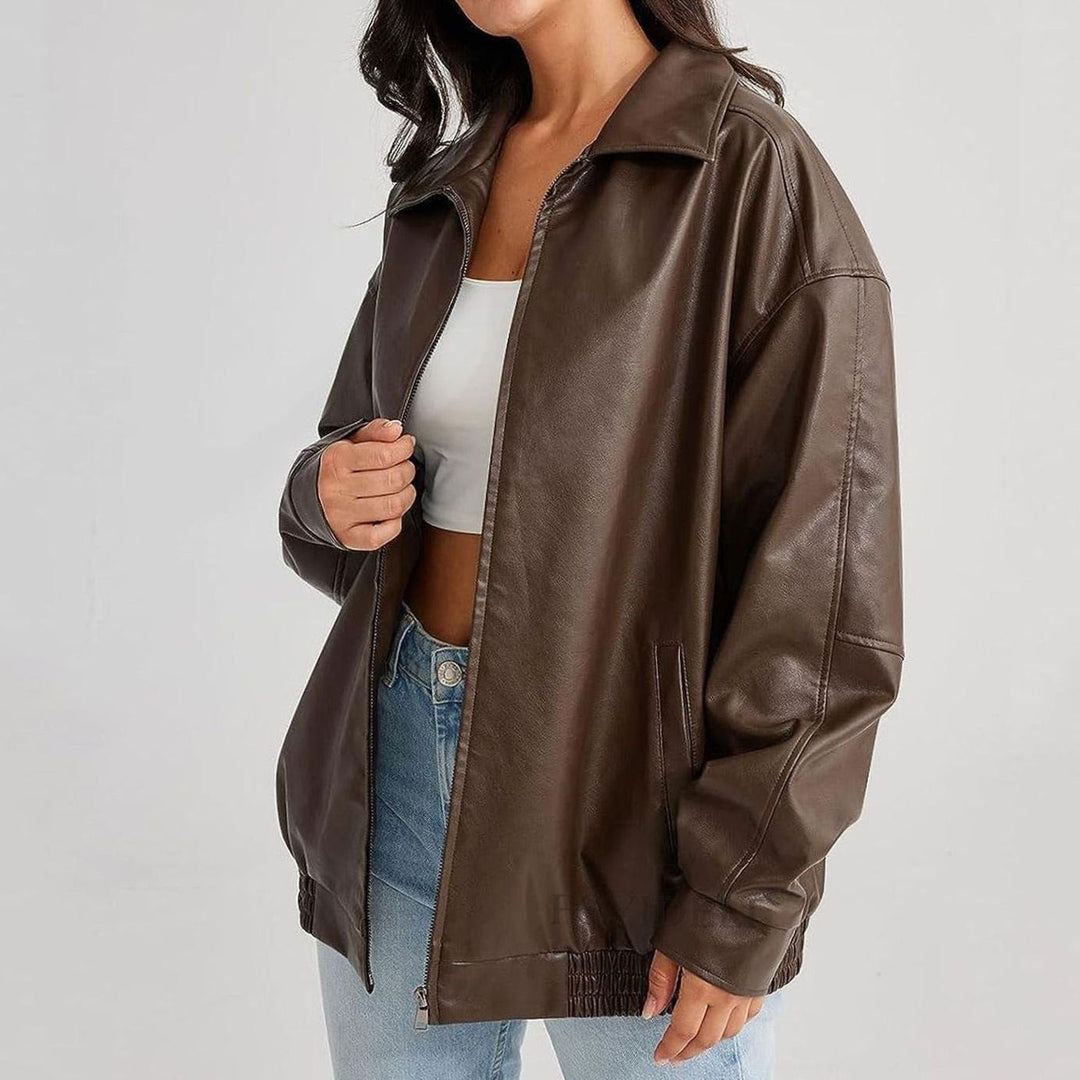 Zip-Up Leather Jacket with Relaxed Oversized Fit in Brown