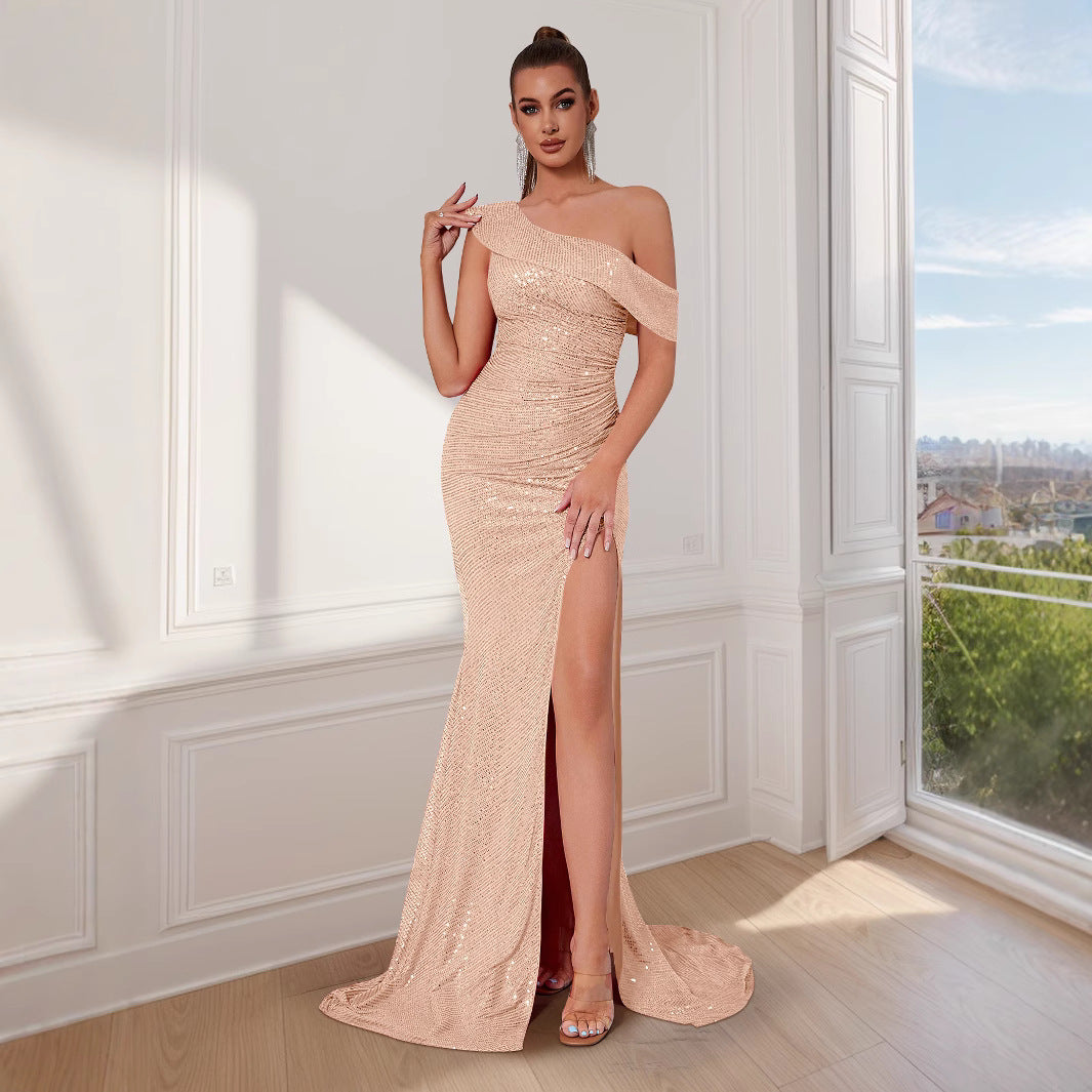 Zoe One-Shoulder Glitter Evening Dress with Side Slit Foto 1