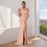 Lottie | One-Shoulder Glitter Evening Dress with Side Slit